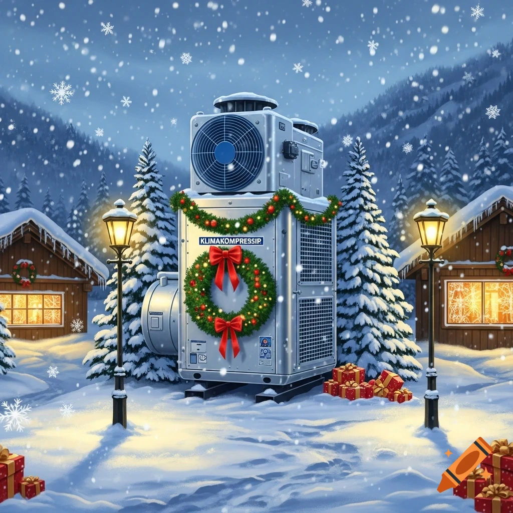 An air conditioner decorated with Christmas garland and a wreath stands in a snowy winter village scene with falling snow.