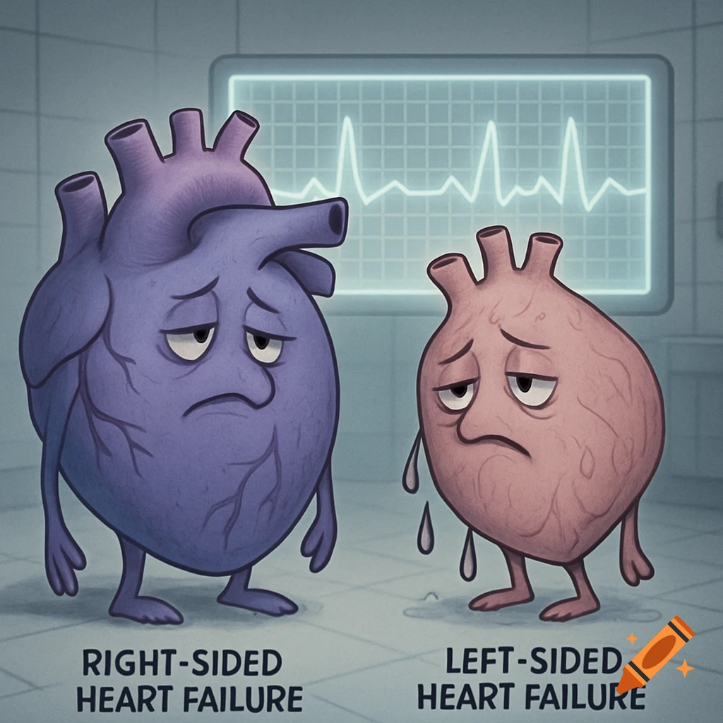 Two sad cartoon hearts, one purple (Right-Sided Heart Failure) and one pink (Left-Sided Heart Failure), with an ECG monitor.