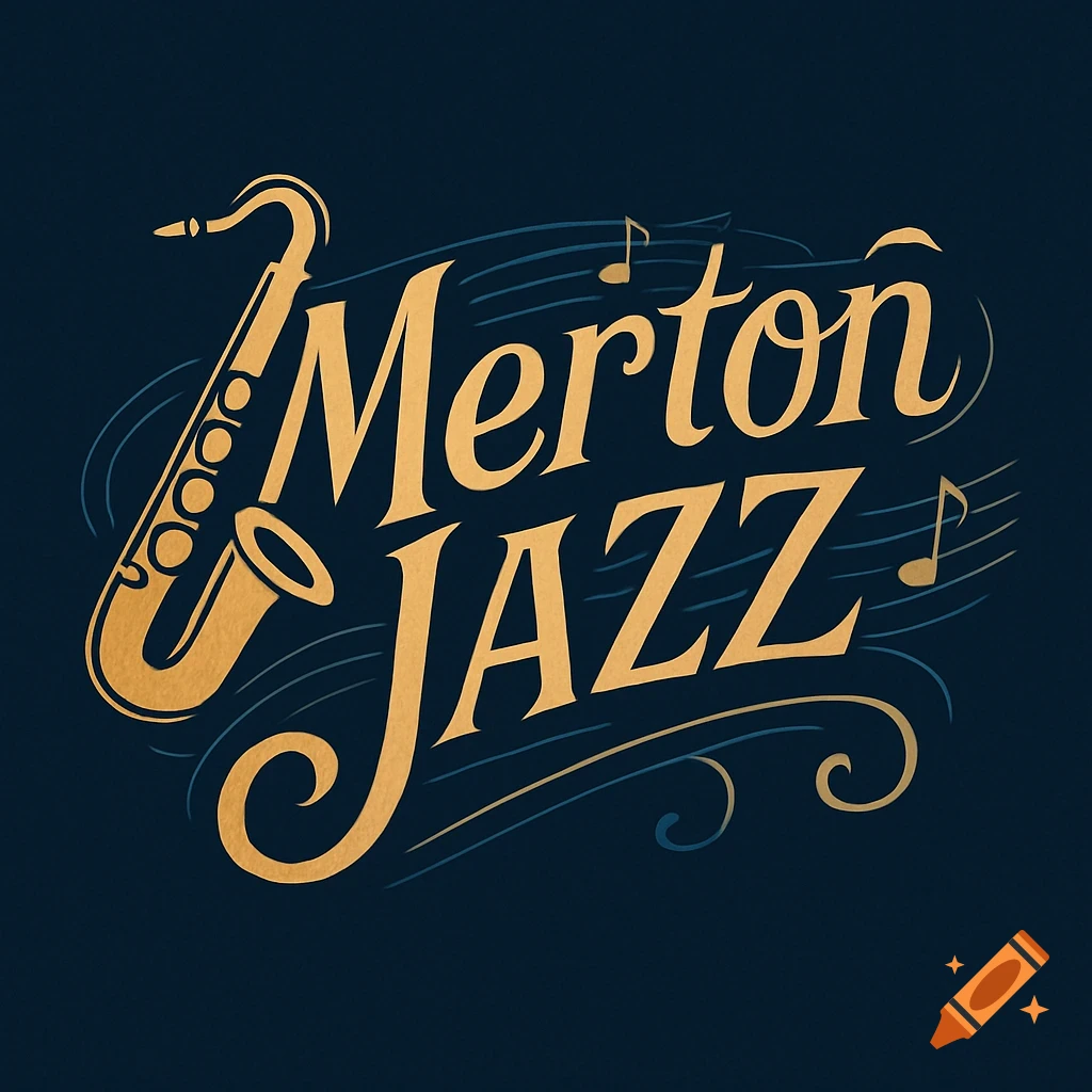 A gold and blue logo featuring the text "Merton Jazz" in a stylized font, with a saxophone integrated into the design.