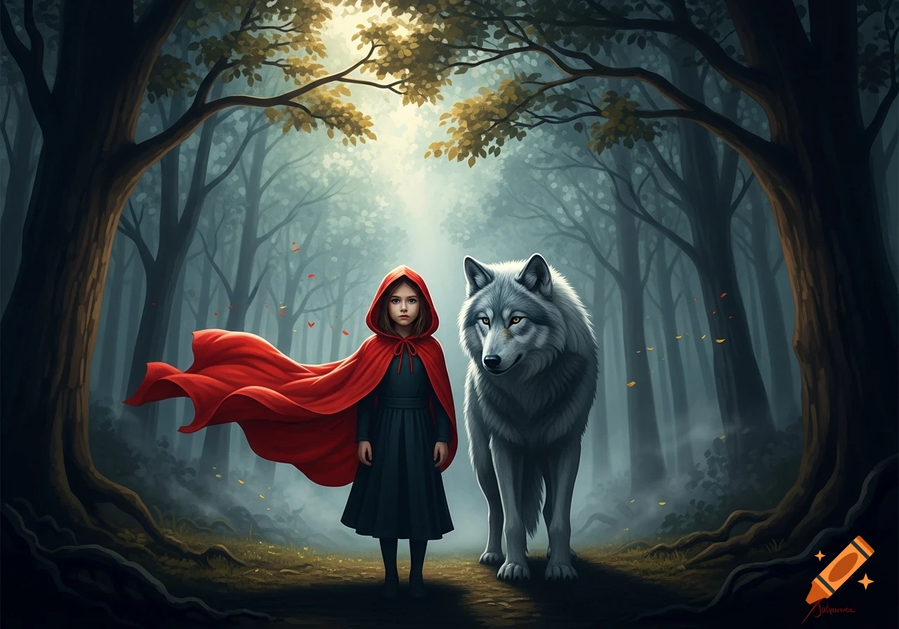 A girl in a red cape stands next to a large gray wolf in a mystical, misty forest with light filtering through the canopy.