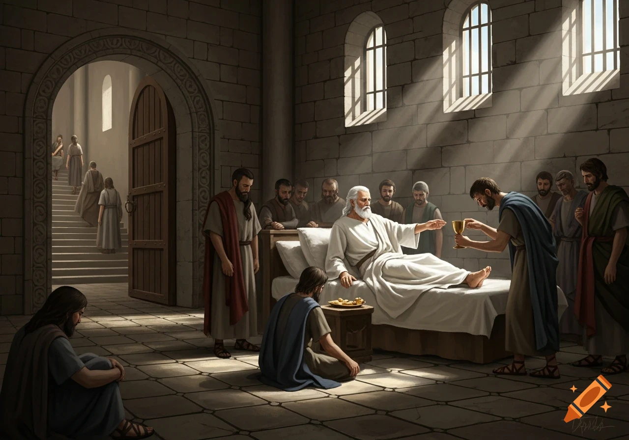 A man with white hair and beard sits on a bed, reaching for a cup offered by another man, surrounded by other men in a stone-walled room with arched windows.