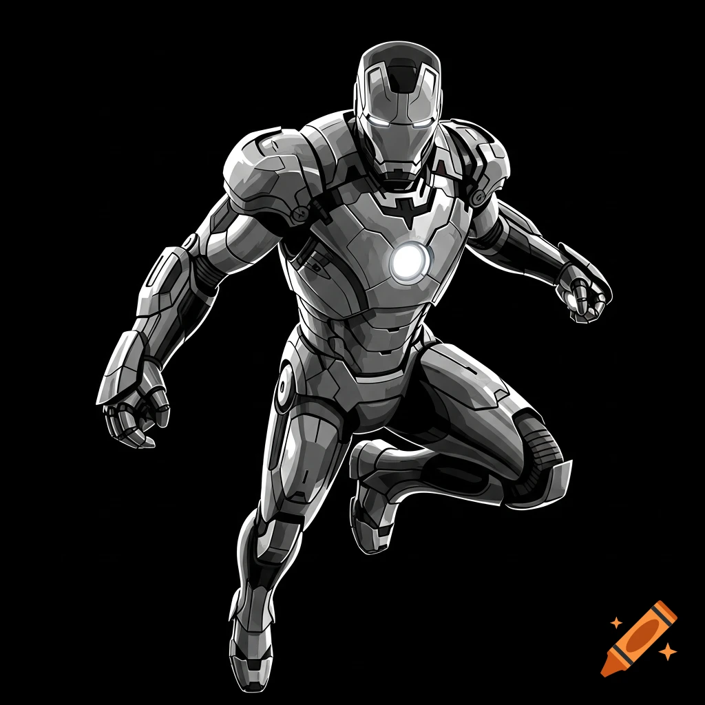 Grayscale illustration of Iron Man in an action pose with glowing eyes and arc reactor against a black background.
