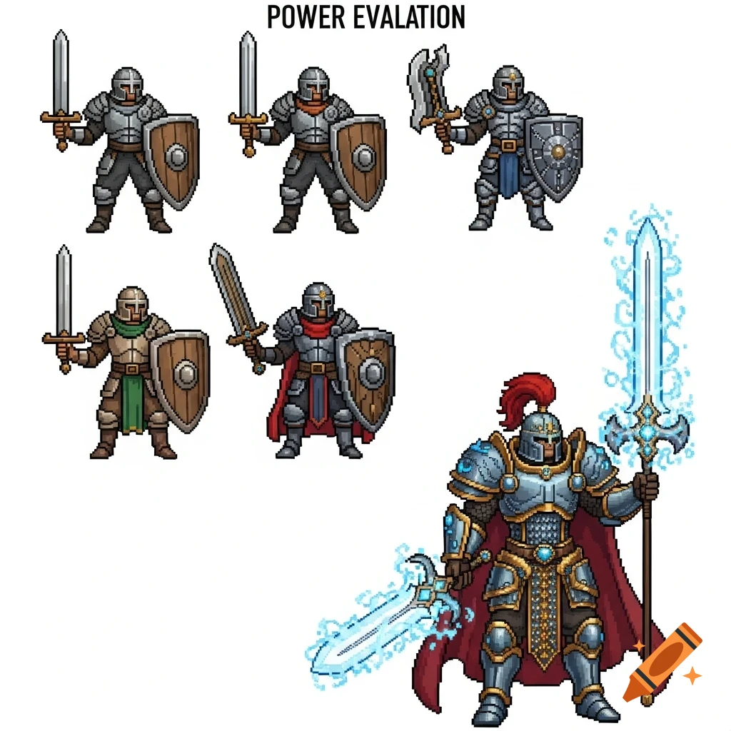 Pixel art progression of six armored soldiers, from basic to a glowing, powerful warrior holding a sword and staff.