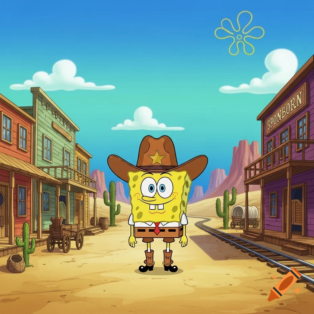 SpongeBob SquarePants dressed as a cowboy, wearing a brown hat and boots, stands in a cartoon wild west town.
