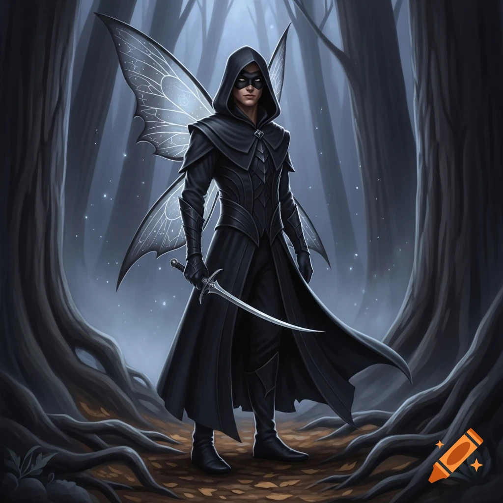 A male fairy in a dark hooded cloak and mask, with translucent wings ...