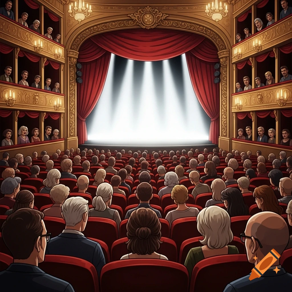A grand theatre hall from the audience's perspective, with a full house watching a brightly lit, empty stage.