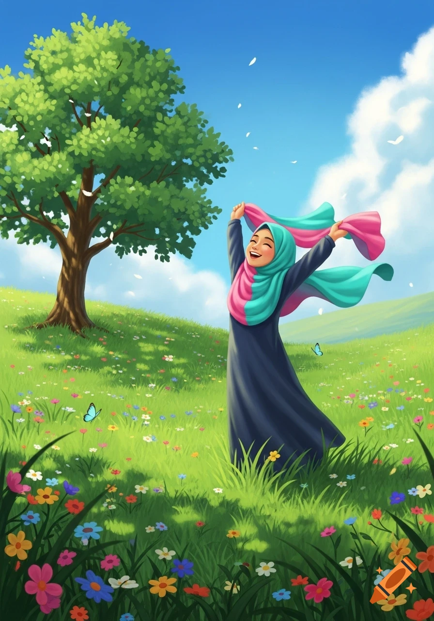 A happy cartoon Muslim girl in a vibrant field of colorful flowers with a large green tree under a blue sky.
