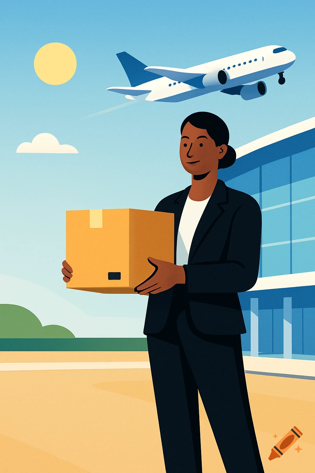 Uber-style flat vector illustration of a person holding a parcel at an airport terminal with an airplane taking off in the sunny sky.
