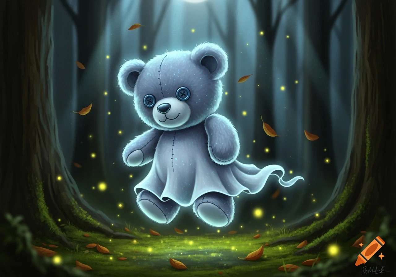 A cute, glowing ghost teddy bear floats in a dark, mystical forest with scattered golden lights and autumn leaves, digital art.