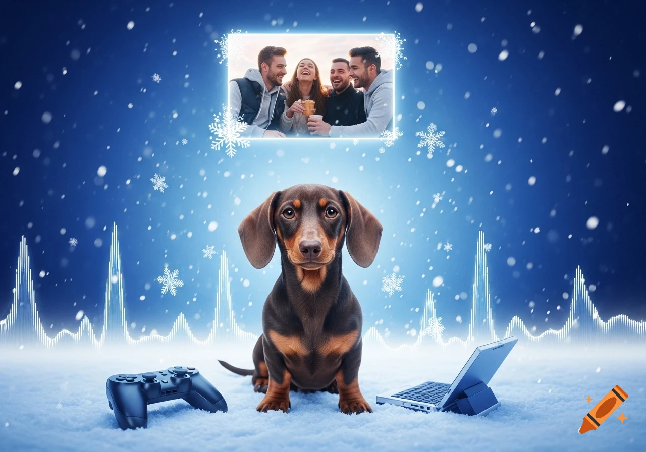 A brown dachshund dog sits in snow with a game controller and laptop, under a floating frame showing friends, against a blue background with snowflakes and sound waves.
