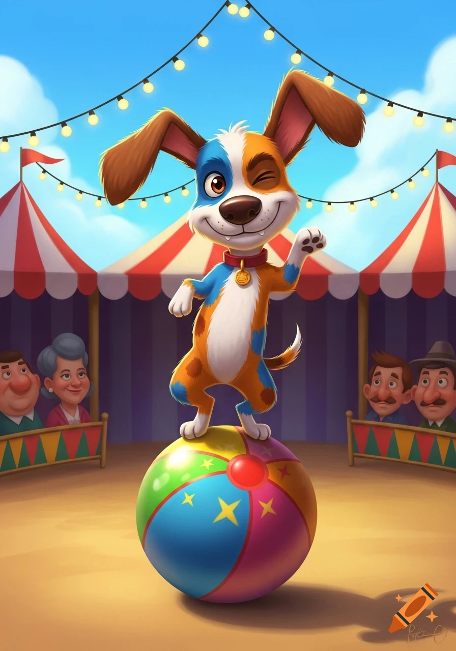 A happy cartoon dog winks while balancing on a colorful ball at a circus, with tents and spectators in the background.