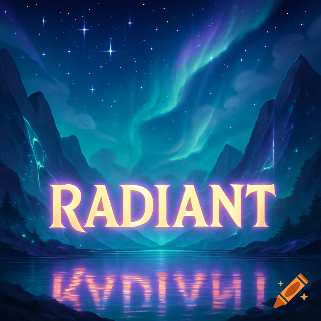 Vibrant night landscape with glowing text 'RADIANT' above a lake reflecting aurora borealis and mountains, like a video game title screen.
