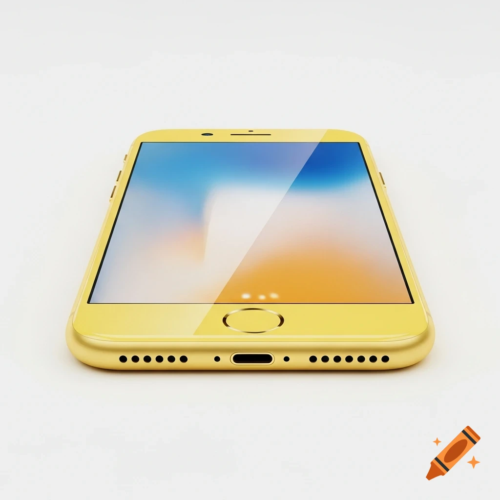 A yellow iPhone lies face up on a plain white background, its screen displaying an abstract blue and orange wallpaper.