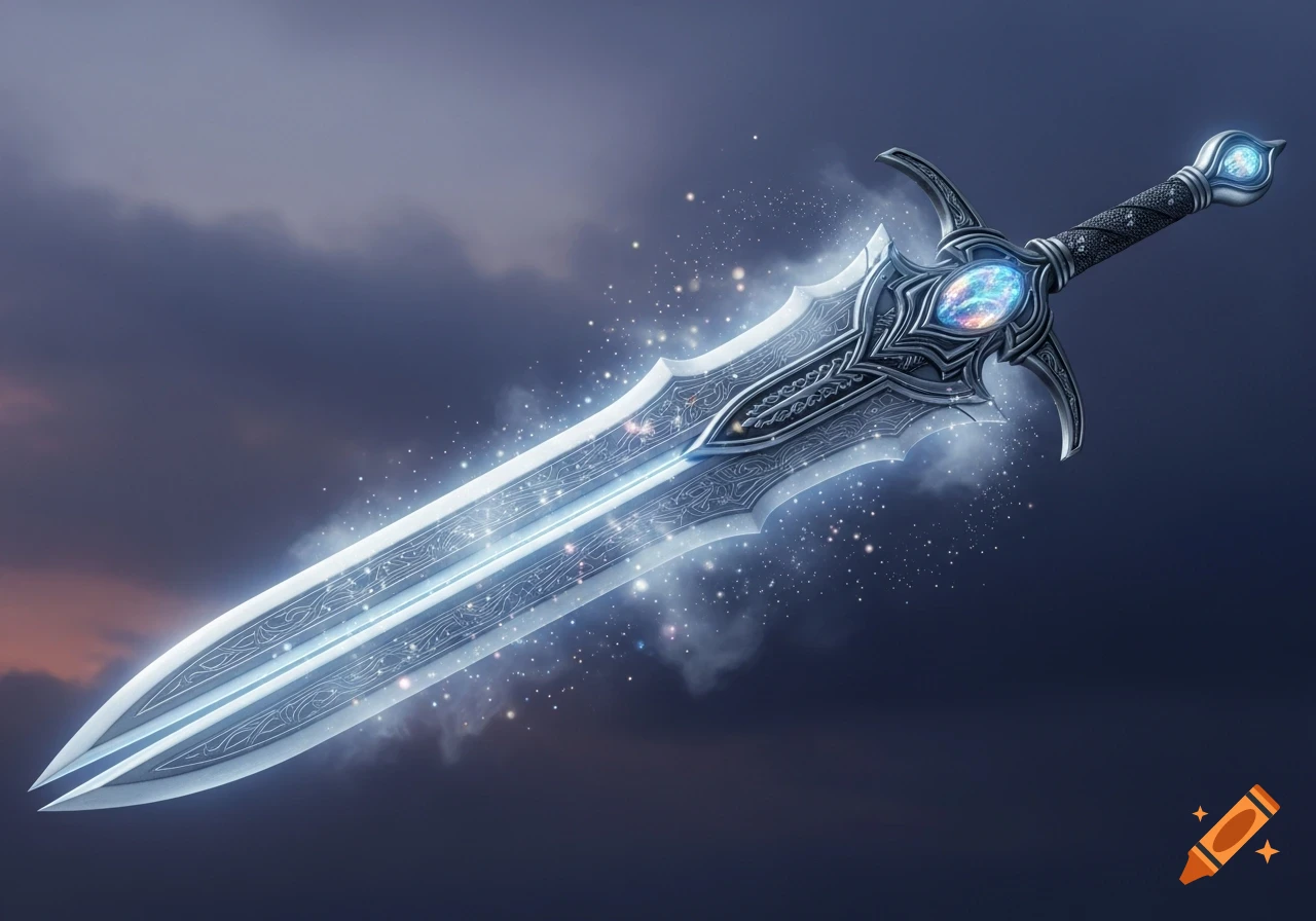 A glowing, ornate double-bladed fantasy sword with intricate designs and a blue gem pommel, set against a dark, cloudy sky.
