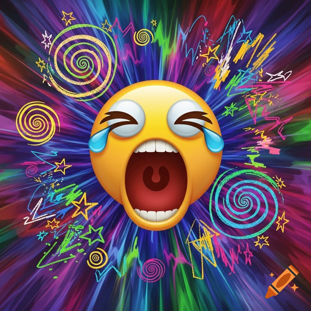 A screaming, crying emoji with a wide open mouth and tears against a vibrant, psychedelic background of colorful scribbles and swirls.