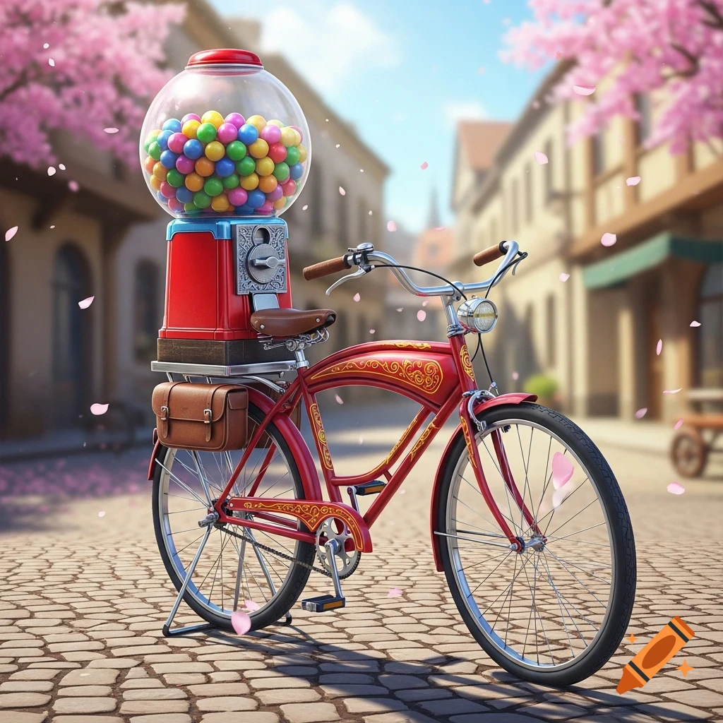 A red bicycle with a large gumball machine on its back rack stands on a cobblestone street with falling pink cherry blossoms.