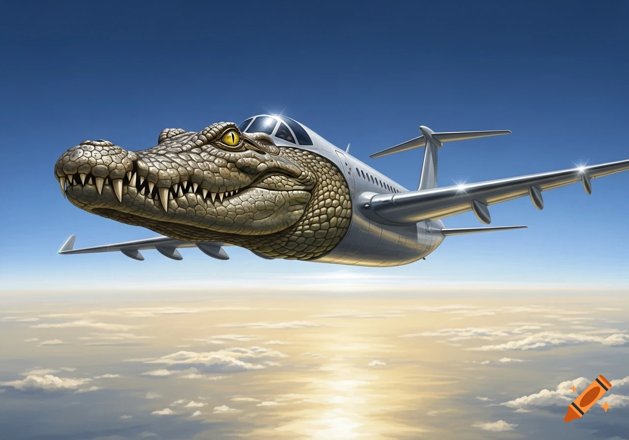 A surreal image of a passenger airplane with a detailed crocodile head as its nose, flying high above clouds at sunset.