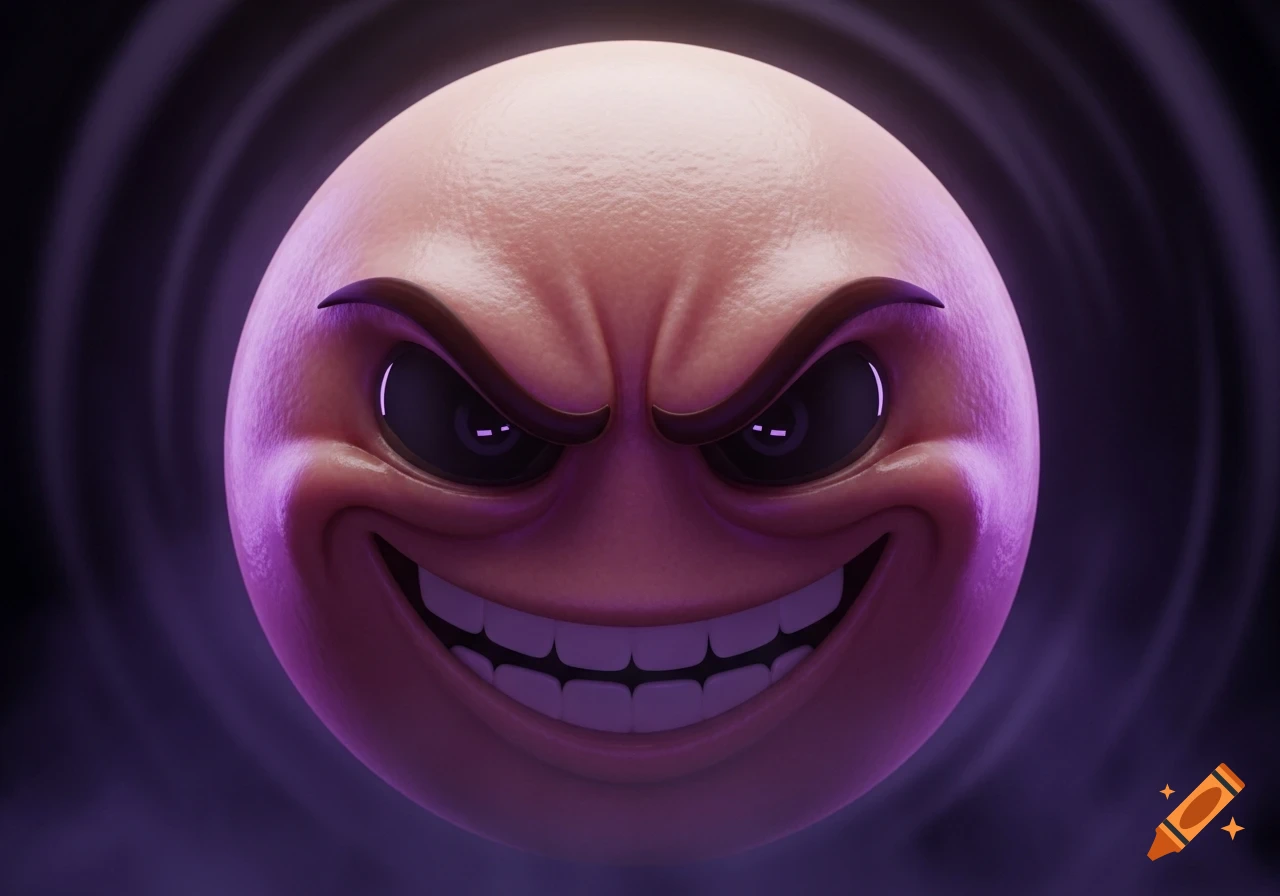 Close-up of a hyper-realistic, devious purple emoji with glowing eyes and a sharp-toothed grin, against a dark, swirling background.