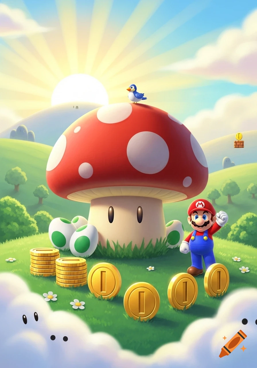 Mario waves next to a giant mushroom, coins, and Yoshi eggs in a vibrant, cartoonish green landscape with a rising sun.