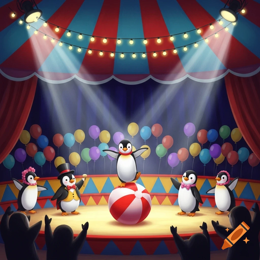 Cartoon penguins perform a circus act under spotlight, with one balancing on a striped ball while others stand on stage in a big top tent.
