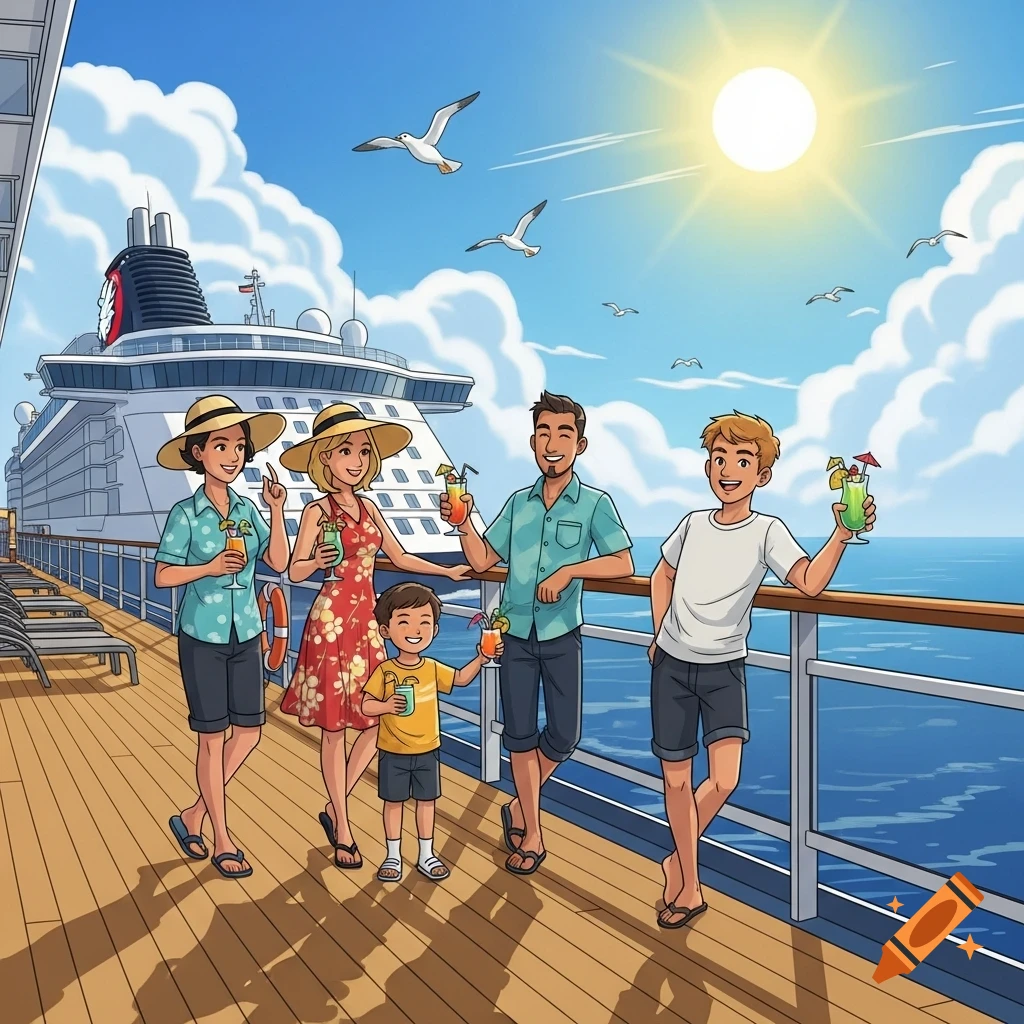 A cartoon family with two women, two men, a boy, and a teenager pose on a cruise ship deck, holding colorful cocktails under a sunny sky.