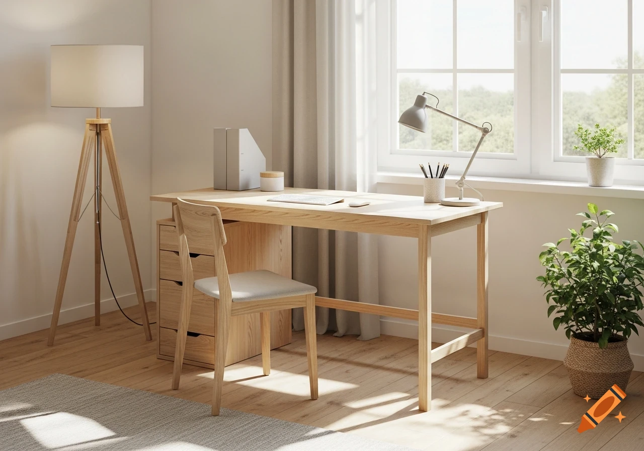 A bright, minimalist home office features a wooden desk, chair, and floor lamp by a large window with white curtains and potted plants.