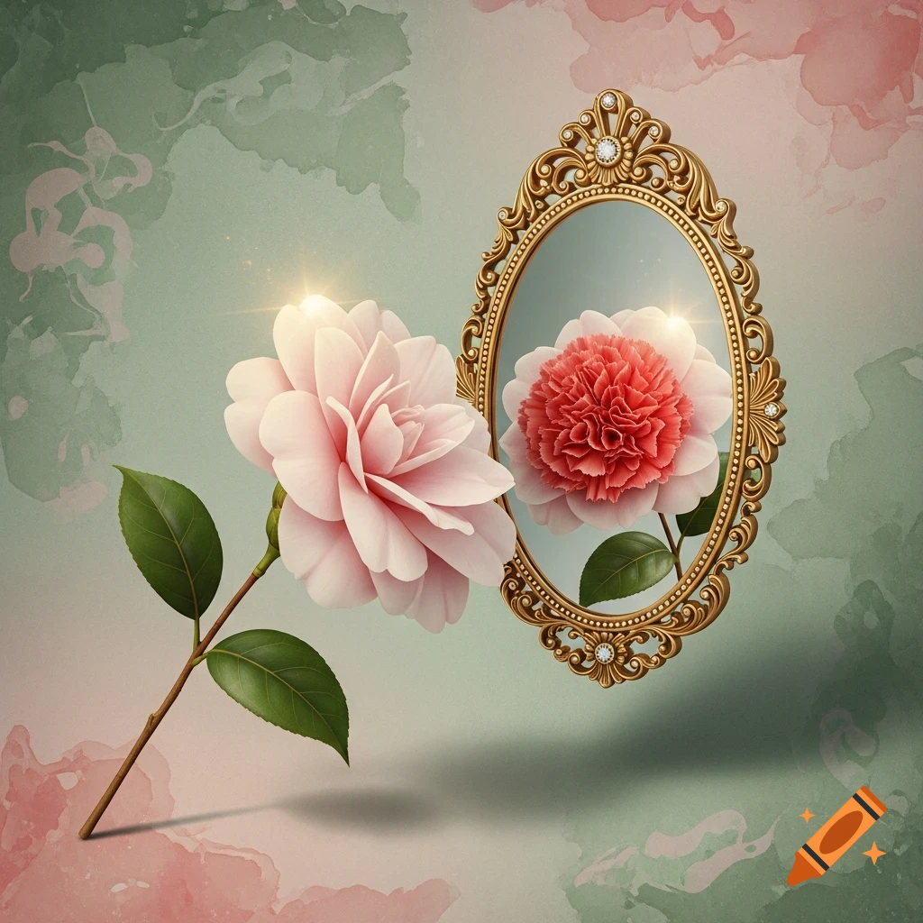 A light pink flower gazes into an ornate gold mirror, revealing a vibrant red flower as its reflection, against a watercolor background.