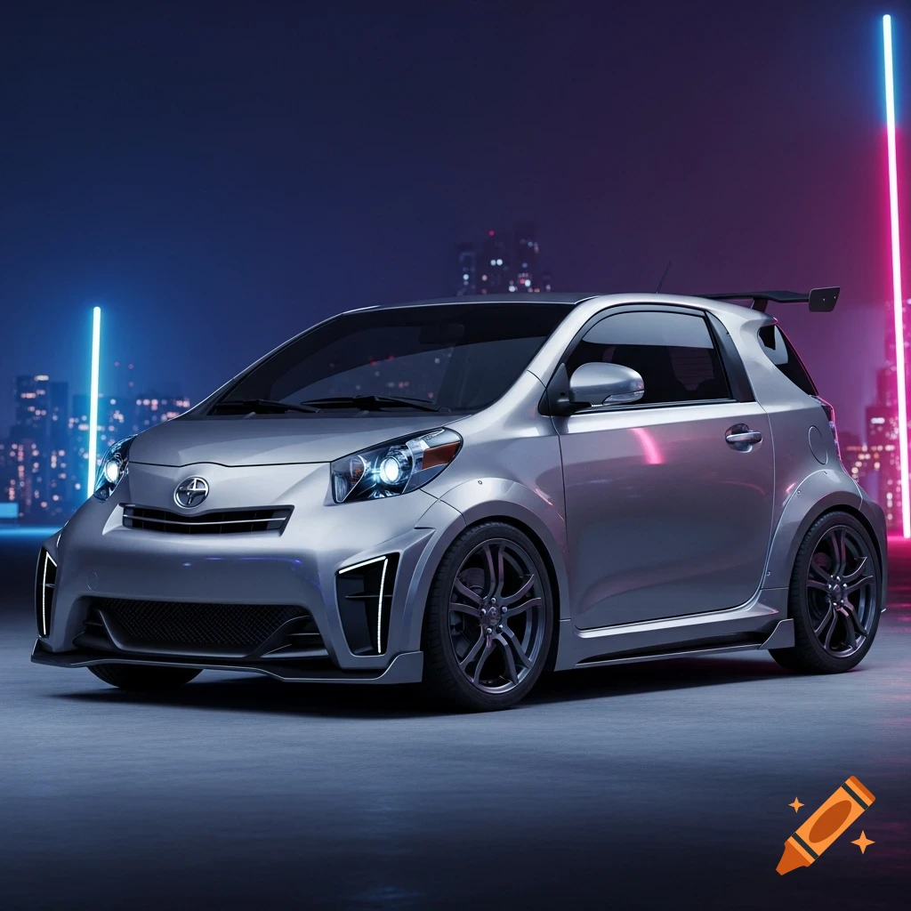 Silver Scion iQ with an aerodynamic body kit on a street at night, against a neon-lit city background.