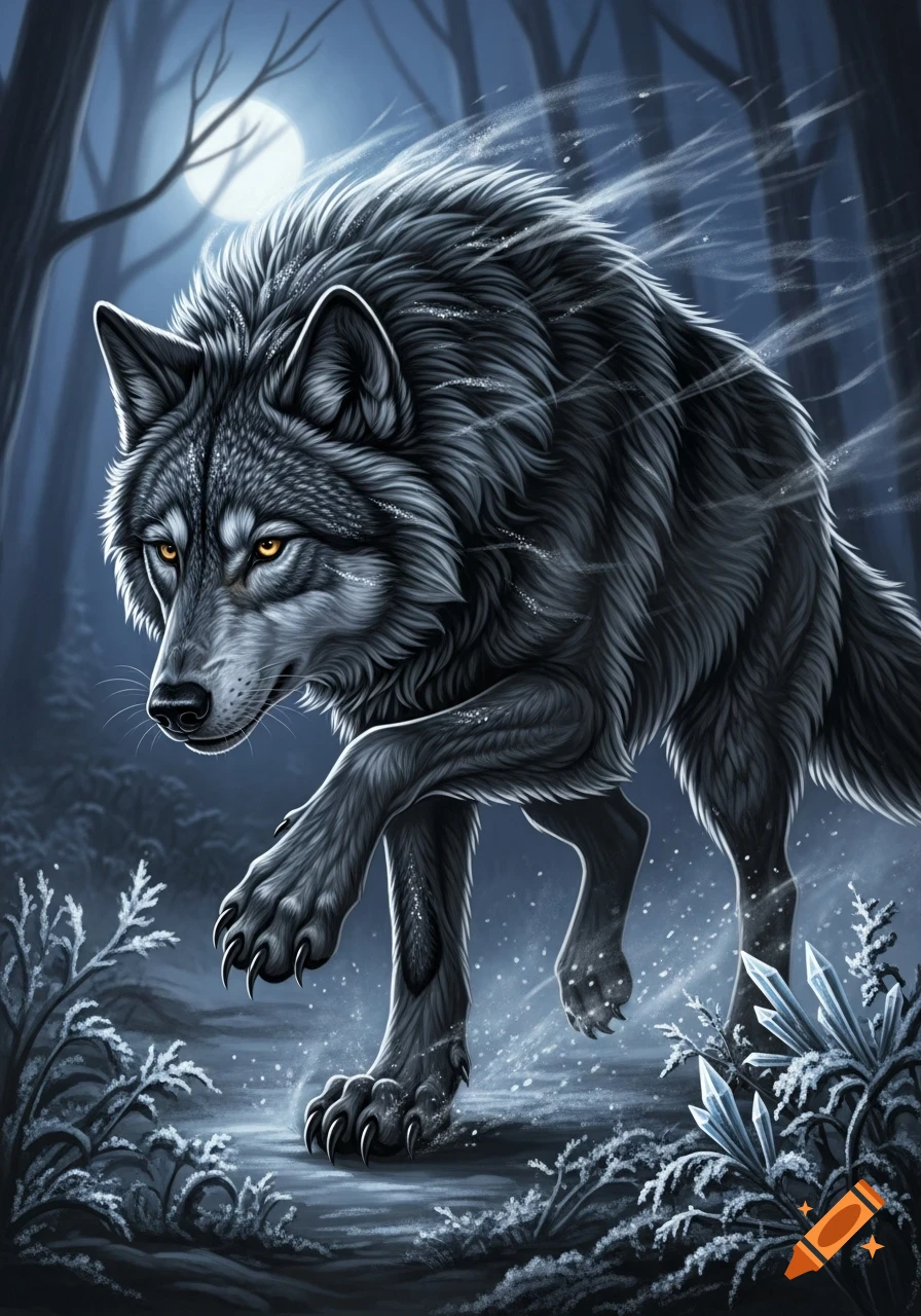 A detailed, fierce gray wolf with glowing eyes walks through a dark, snowy fantasy forest under a full moon.