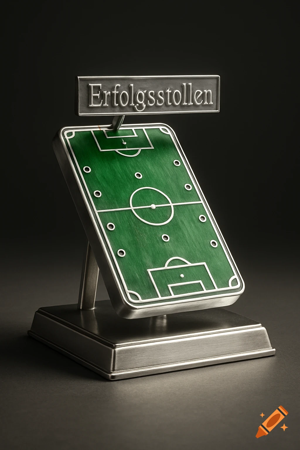 A photorealistic silver trophy featuring a tilted green football field with white lines and small circles, topped by a silver banner reading 'Erfolgsstollen'.