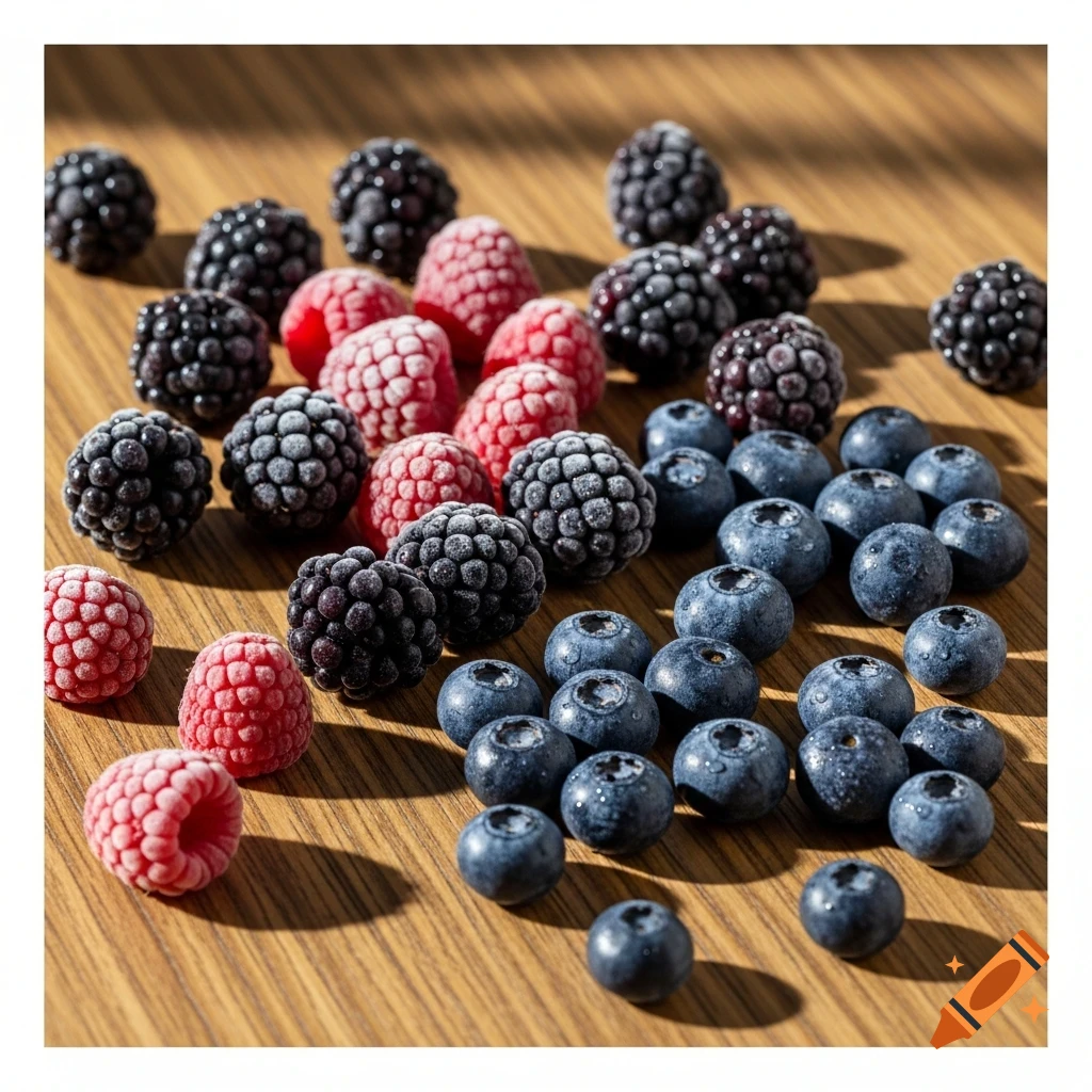 Frozen blackberries, raspberries, and blueberries scattered on a wooden surface under natural light.