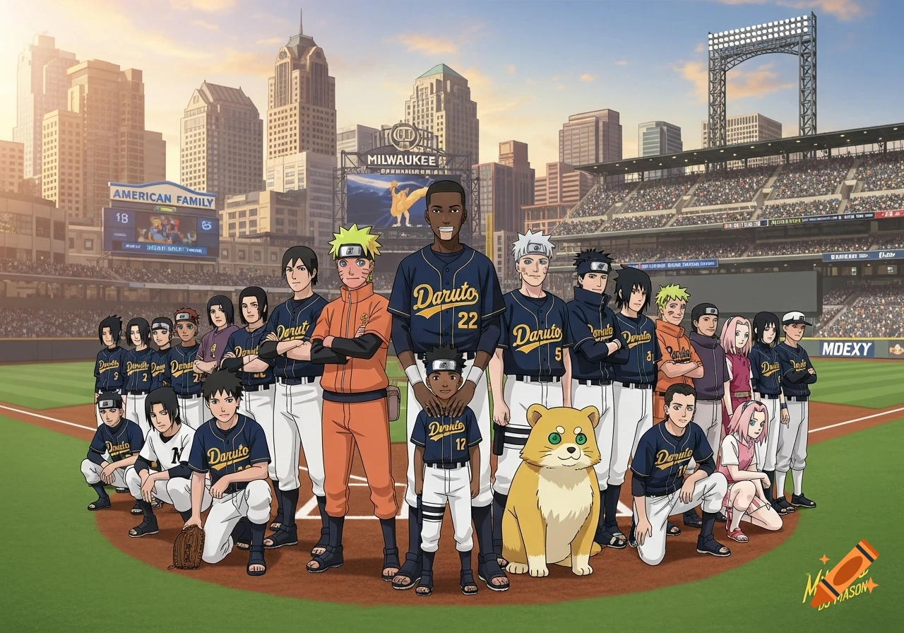 A baseball team photo featuring Naruto characters, human players, and a golden bear on a field in a Milwaukee stadium with a city skyline in the background.