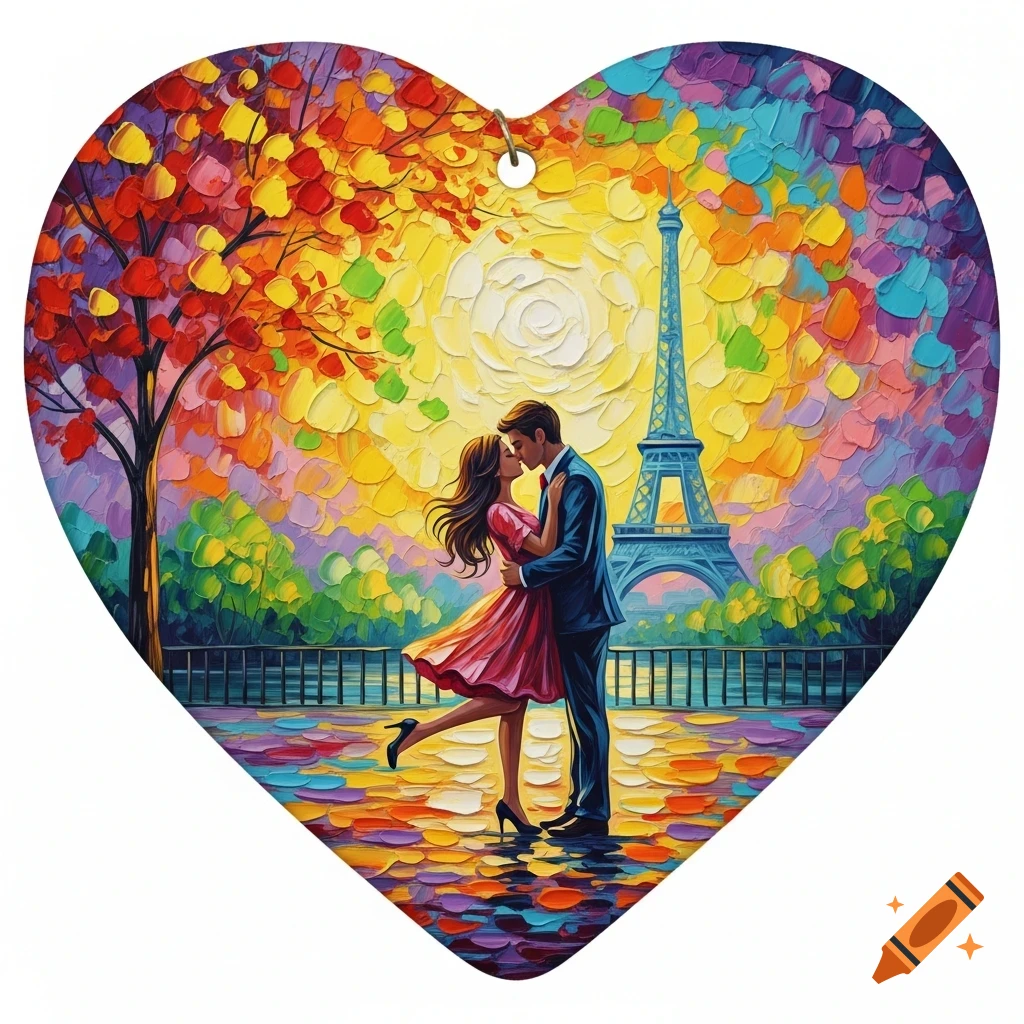 A vibrant impasto painting in a heart shape shows a couple kissing with the Eiffel Tower in the background.