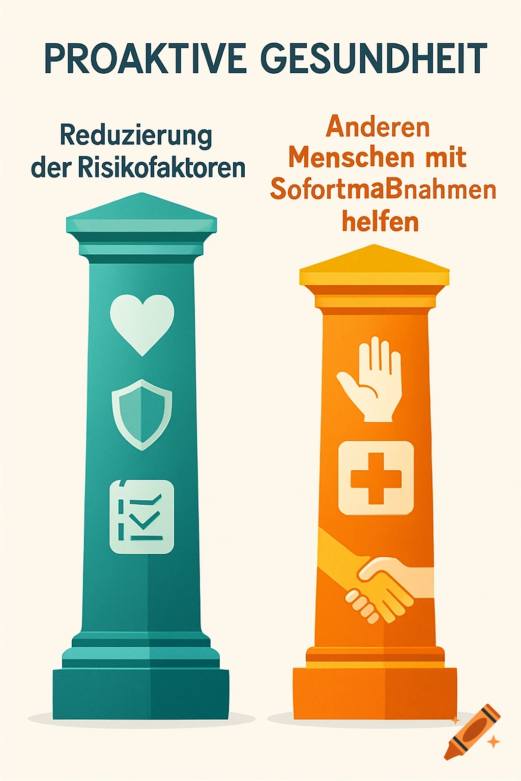 An infographic with two pillars for 'Proactive Health'. One teal pillar shows heart, shield, and checklist icons for 'Reducing risk factors'. An orange pillar shows hand, medical cross, and handshake icons for 'Helping others with immediate measures'.