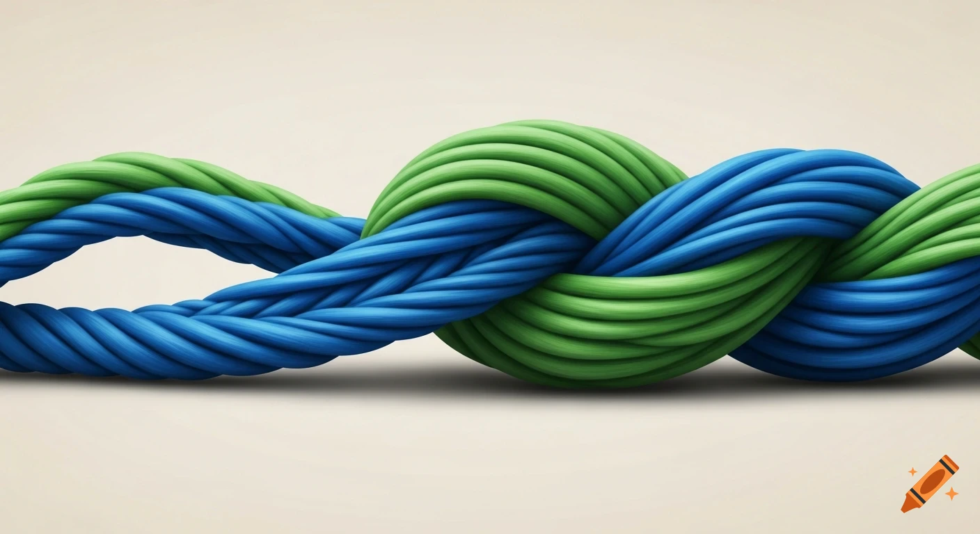 Two thick intertwined ropes, one blue and one green, form a tight knot in the center against a neutral background.