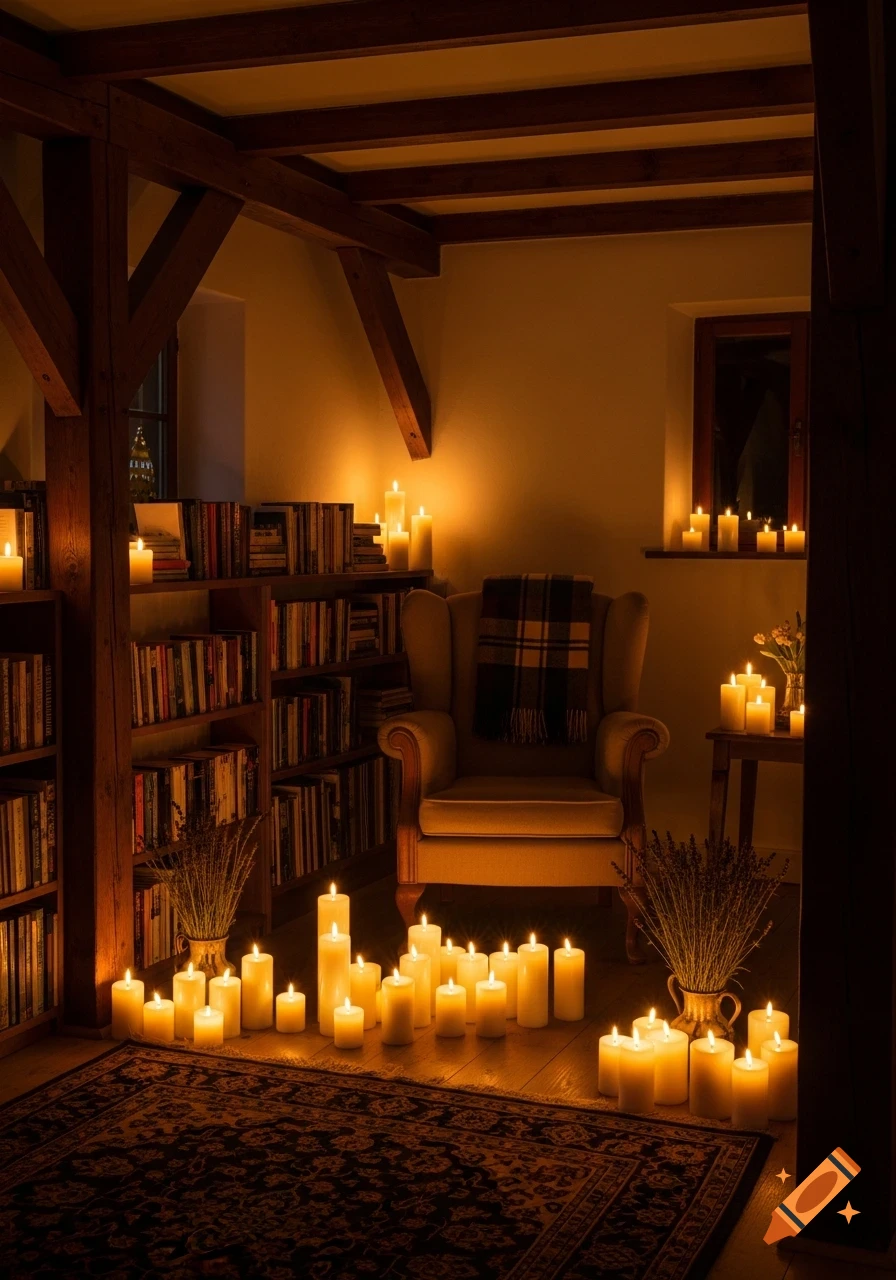 A warm, candlelit room with bookshelves, a plush armchair, and a patterned rug, creating a cozy atmosphere.