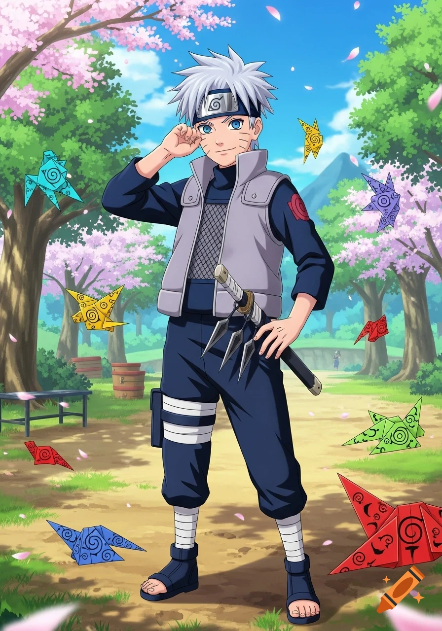 Young anime boy with white spiky hair and blue eyes, wearing a Konoha ninja outfit, stands in a cherry blossom park with colorful origami.