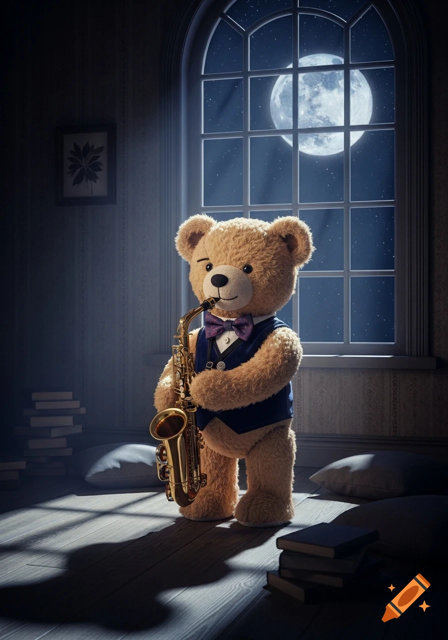 A fluffy teddy bear in a vest and bow tie plays a saxophone by a window, with a large full moon visible outside.