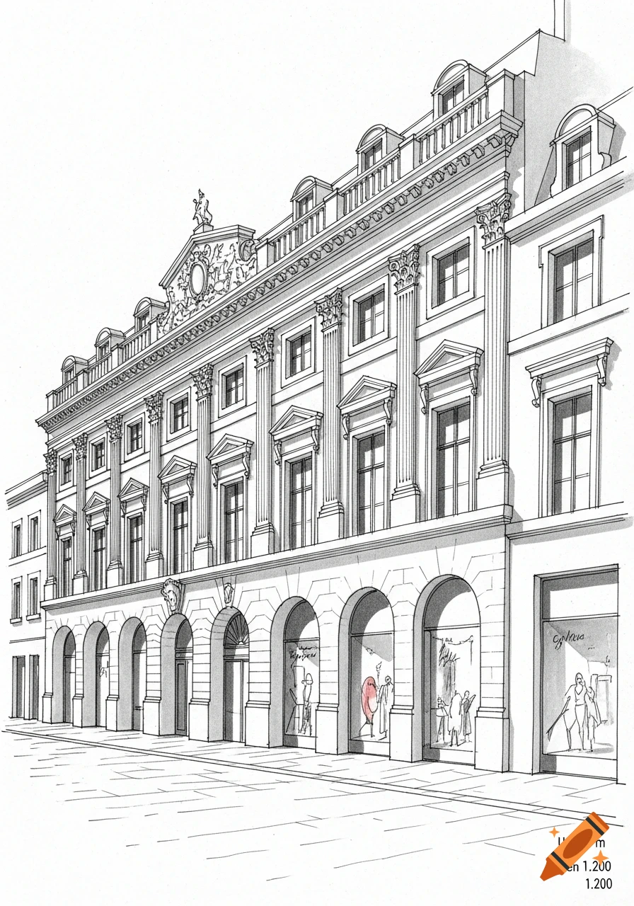 A detailed, sketchy architectural line drawing of a classical building facade with arcades, shop windows, and a pediment, rendered in black and white with light shading.