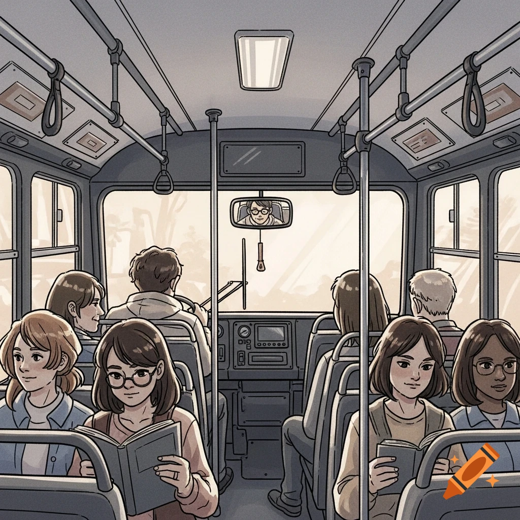 Illustration of the inside of a bus with passengers sitting, some reading books, and the driver visible in the rearview mirror.