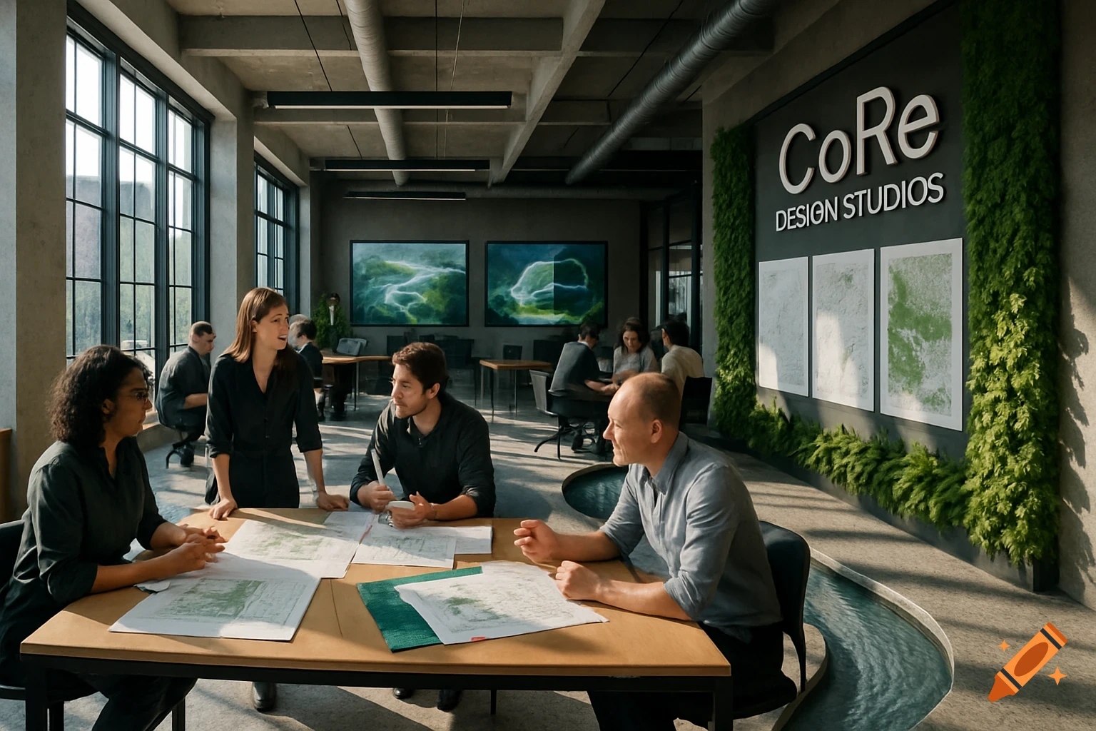 Professionals in a modern CoRe Design Studios office discussing design plans around a table. Green wall accents and large windows.