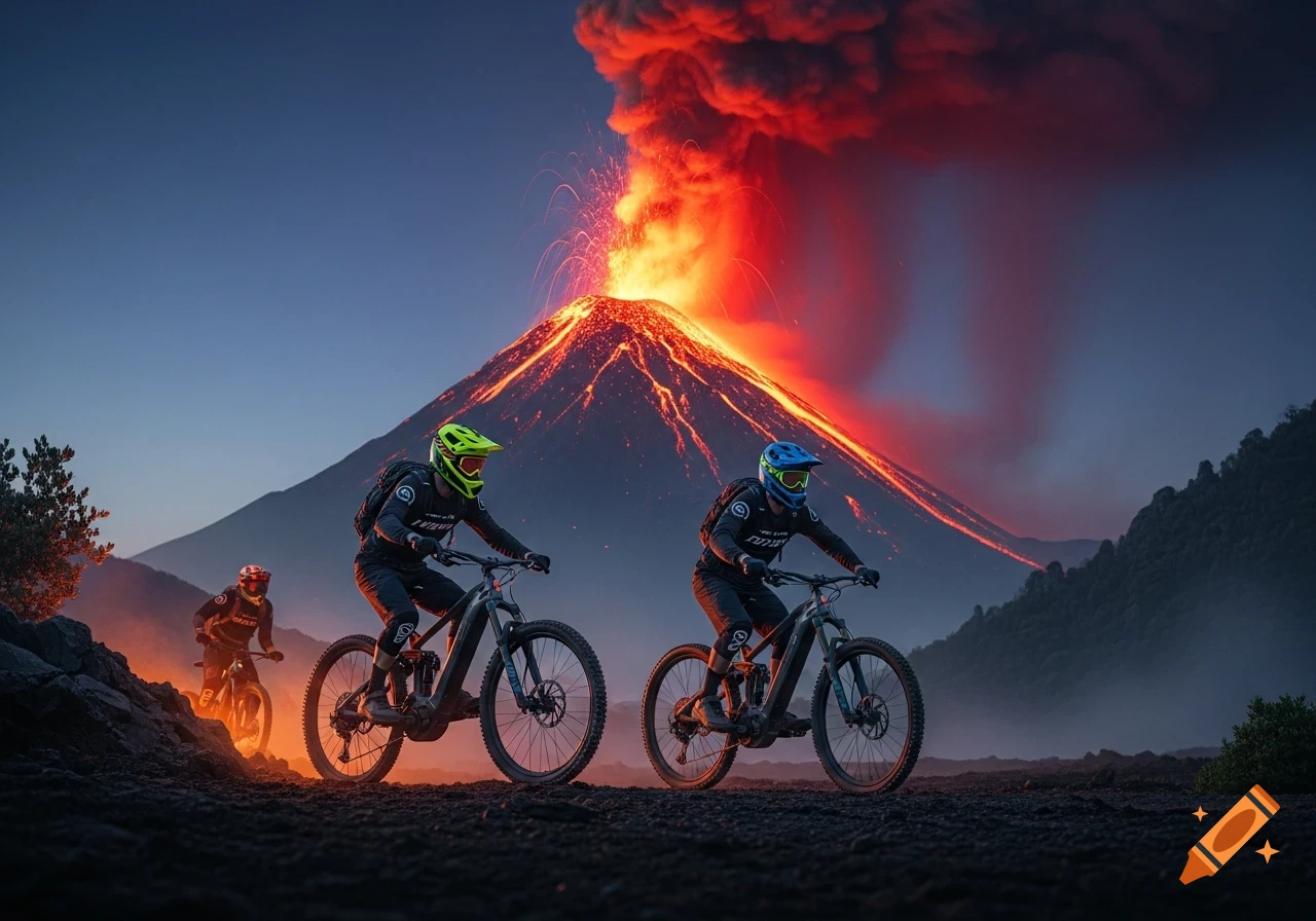 Two mountain bikers in full gear ride on a dark, rocky path with an erupting volcano glowing red in the background against a twilight sky.