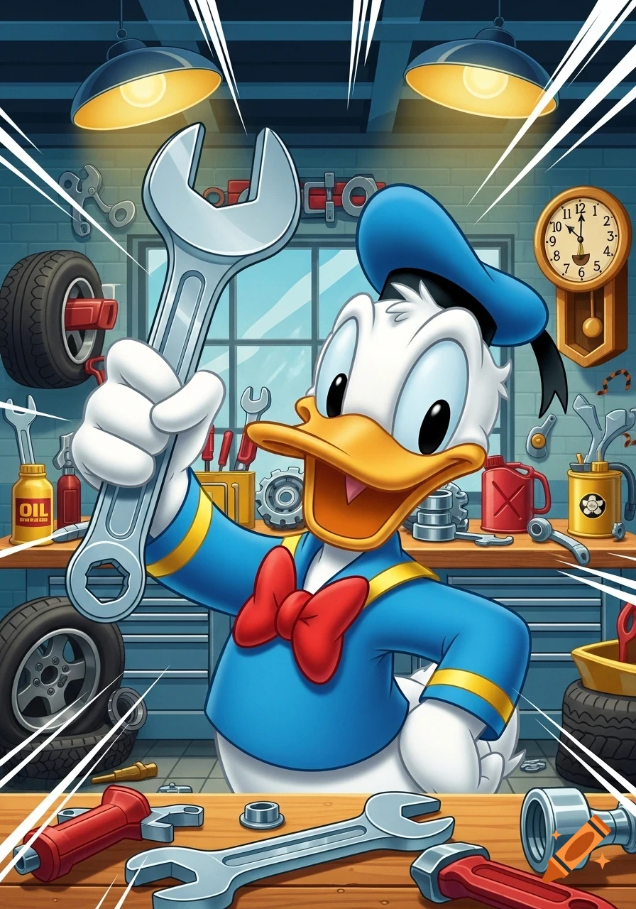 Donald Duck in a mechanic's garage, holding up a large wrench, surrounded by tools and equipment in a cartoon style.