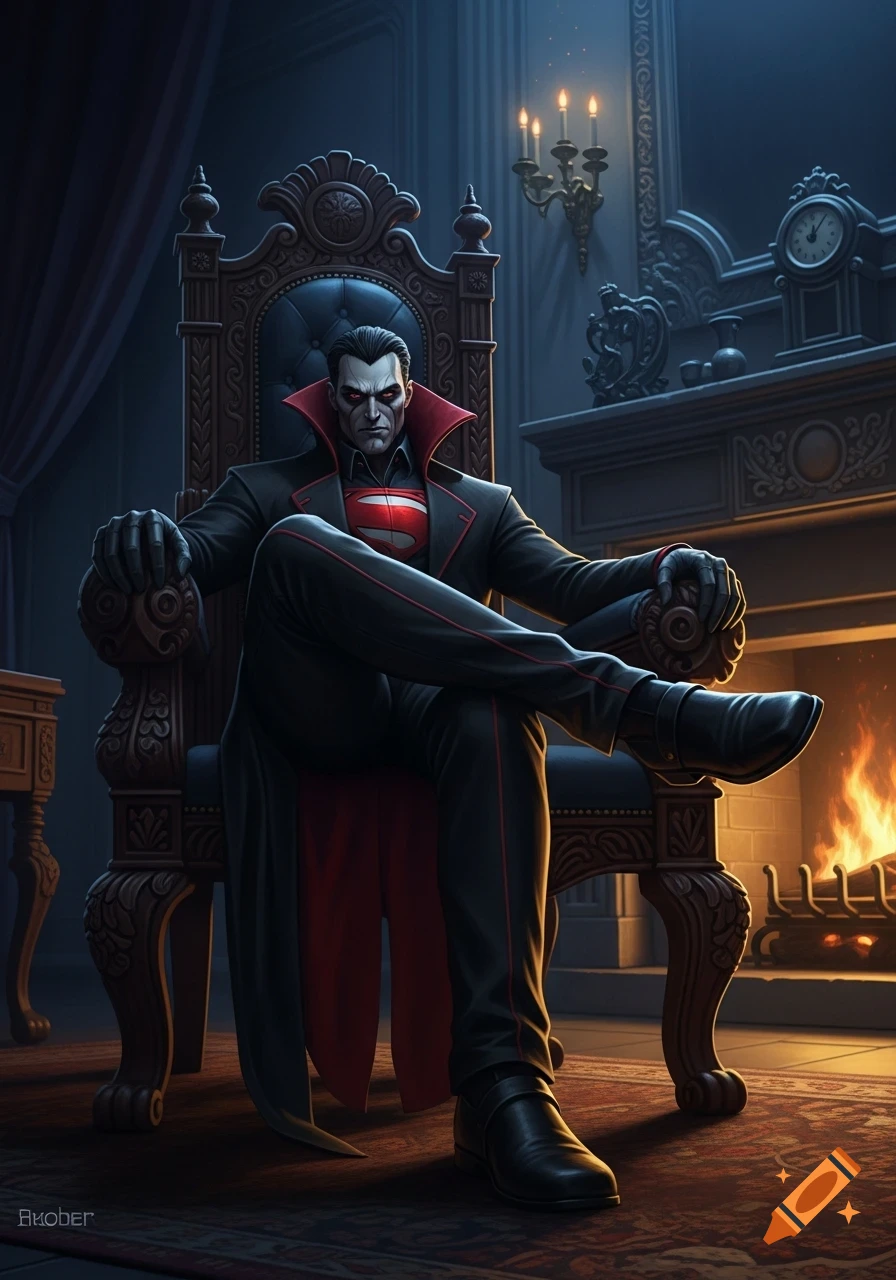 A menacing supervillain with a red-collared coat and a chest emblem sits on an ornate throne in a dimly lit, grand room with a fireplace.