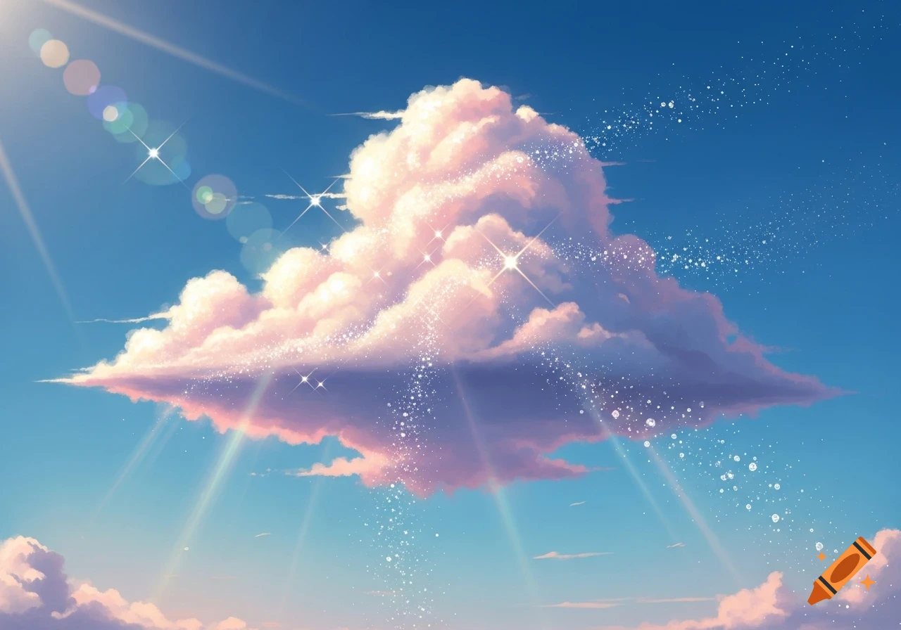 A large, fluffy, pink-tinged cloud sparkles with glitter in a bright blue sky with sunrays, in an anime art style.