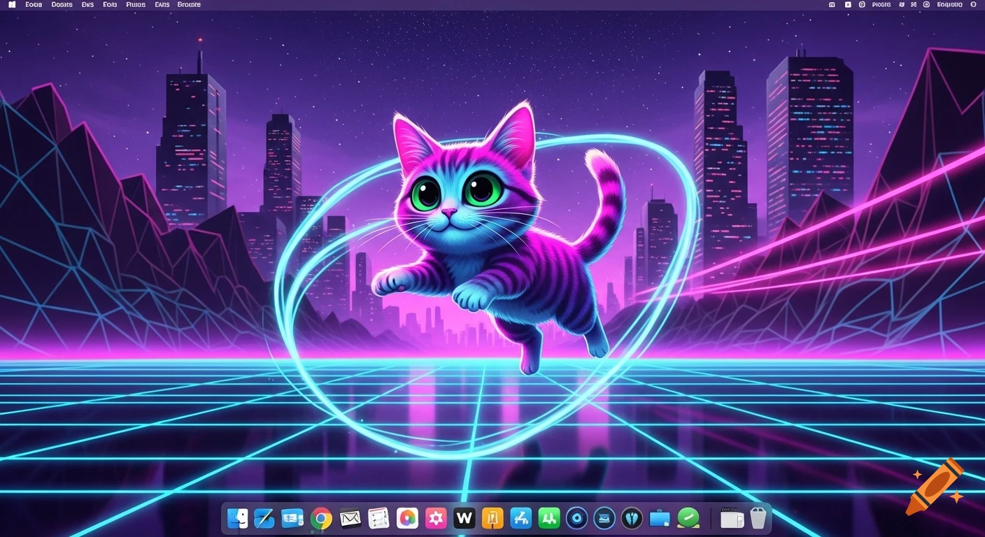 A cartoonish pink and blue striped cat with big green eyes floats in a neon circle, against a retro synthwave cityscape grid background, styled as a Mac desktop.
