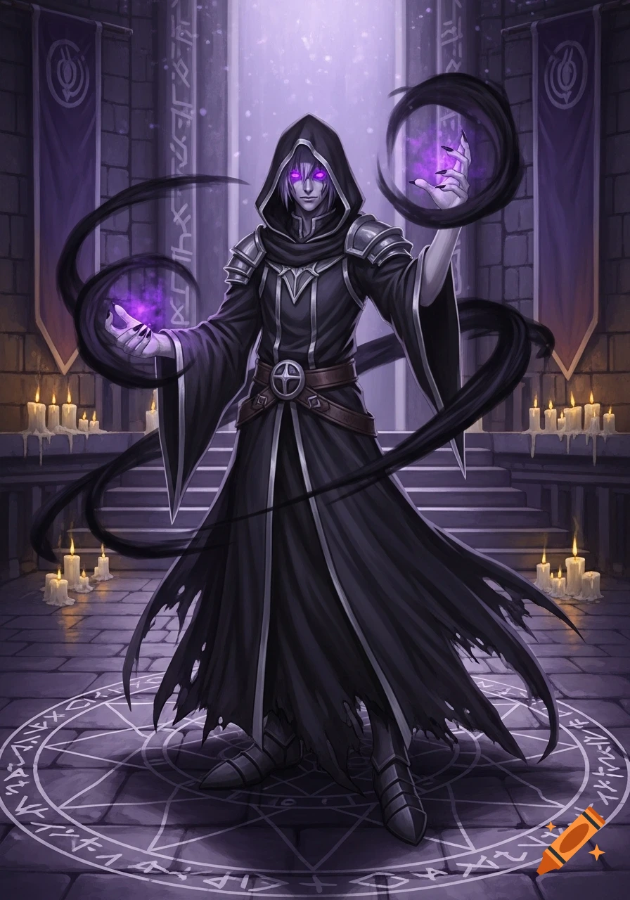 A hooded necromancer in dark robes with glowing purple eyes stands in a ...