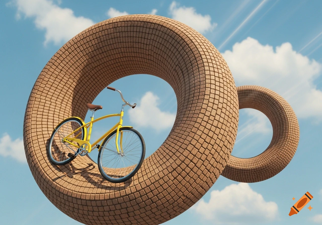 A yellow bicycle travels on a brick-textured Möbius strip against a blue sky with clouds in a surreal 3D render.