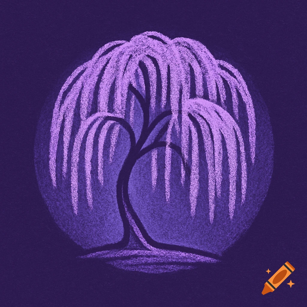 A stylized purple willow tree in chalk art style, forming a logo on a dark purple background.