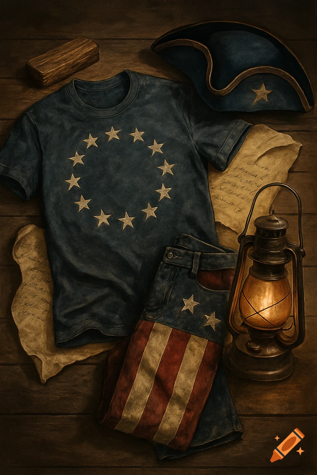 A rustic still life with a distressed blue t-shirt with a circle of stars, American flag jeans, a colonial hat, old papers, and a lantern on wood.